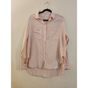 Stitch + Feather Medium Peach Striped‎ Long Sleeve Button Down Shirt Raw Edges